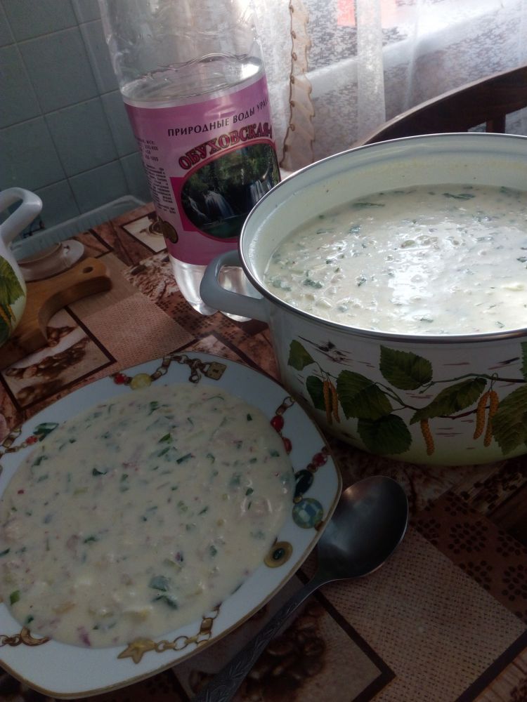 Окрошка на кефире с минералкой.