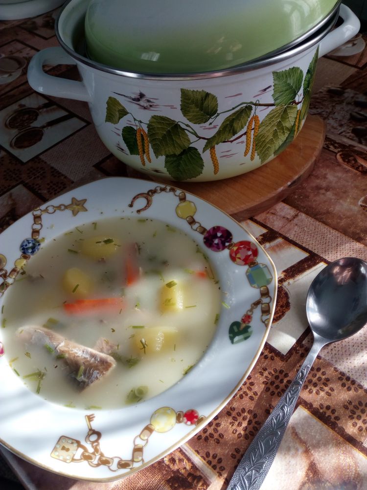 Уха из горбуши с плавленным сырком